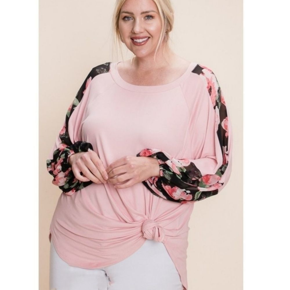 Pink Plus Size Top With Floral Sleeves - Picture 2 of 5